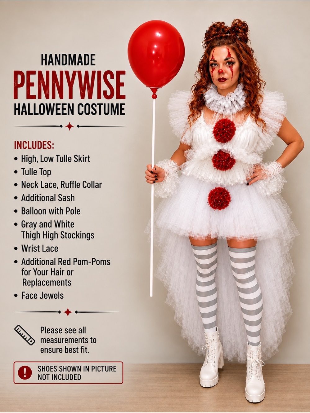 🎃 Handmade Pennywise Halloween Costume Tulle Skirt Top Complete Set-Medium